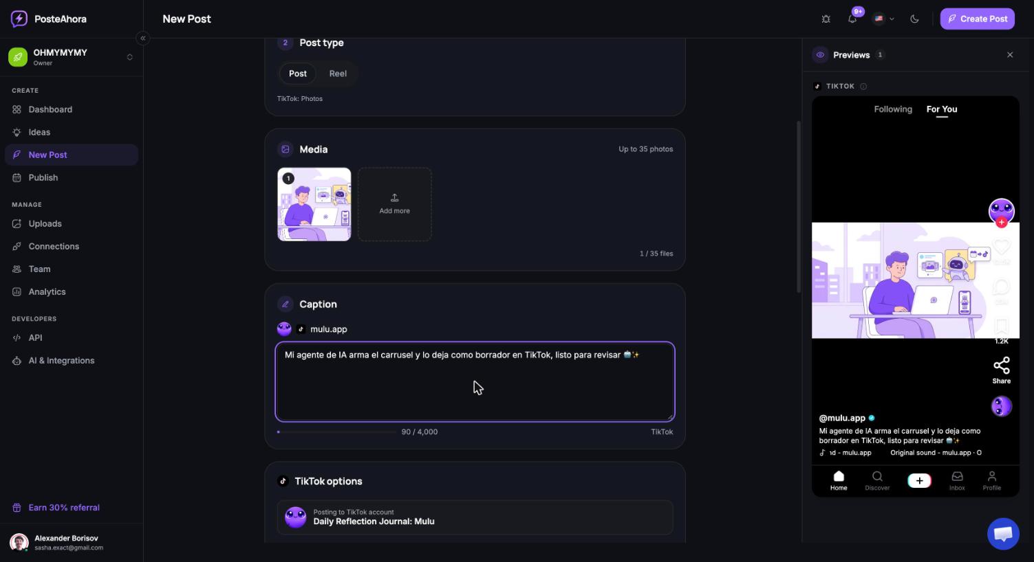 Composer do PosteAhora com uma conta do TikTok selecionada e o preview nativo do carrossel