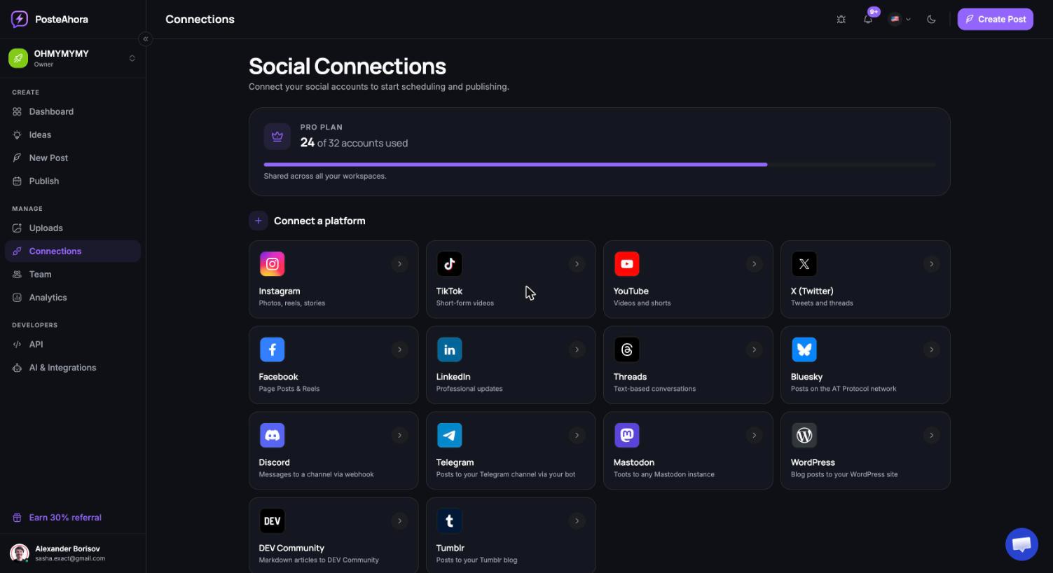 Conexão de contas no PosteAhora: TikTok, Instagram, YouTube e as demais plataformas prontas para o agente