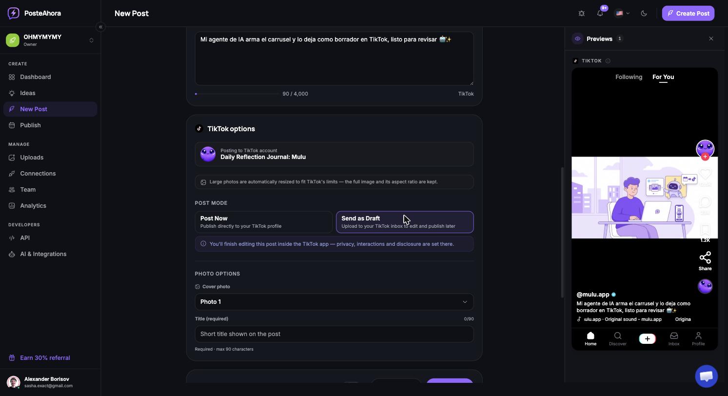 Opção "Send as Draft" no PosteAhora: o post fica na caixa de entrada do TikTok esperando revisão humana