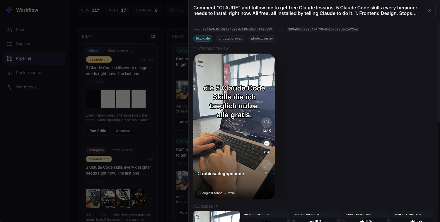 Drawer de detalhe: preview nativo do carrossel do TikTok, com os 7 slides gerados