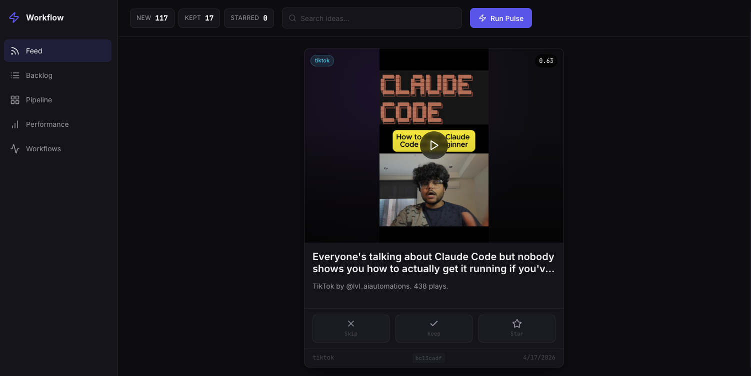 Vista Feed do dashboard: uma ideia de TikTok com sua pontuação, pronta para Keep ou Skip