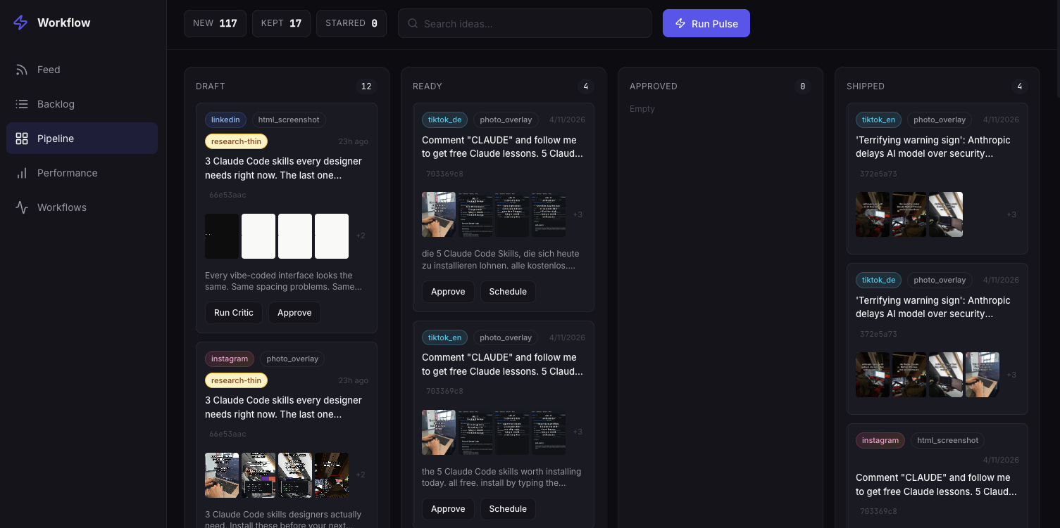 Vista Pipeline: kanban com colunas Draft, Ready, Approved e Shipped