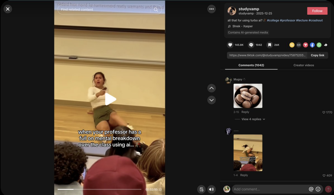 Vídeo de TikTok gerado por IA em que um professor parece ter um treco por causa de alunos usando um app de estudos com IA, o formato de gancho por trás da tendência StudyTok