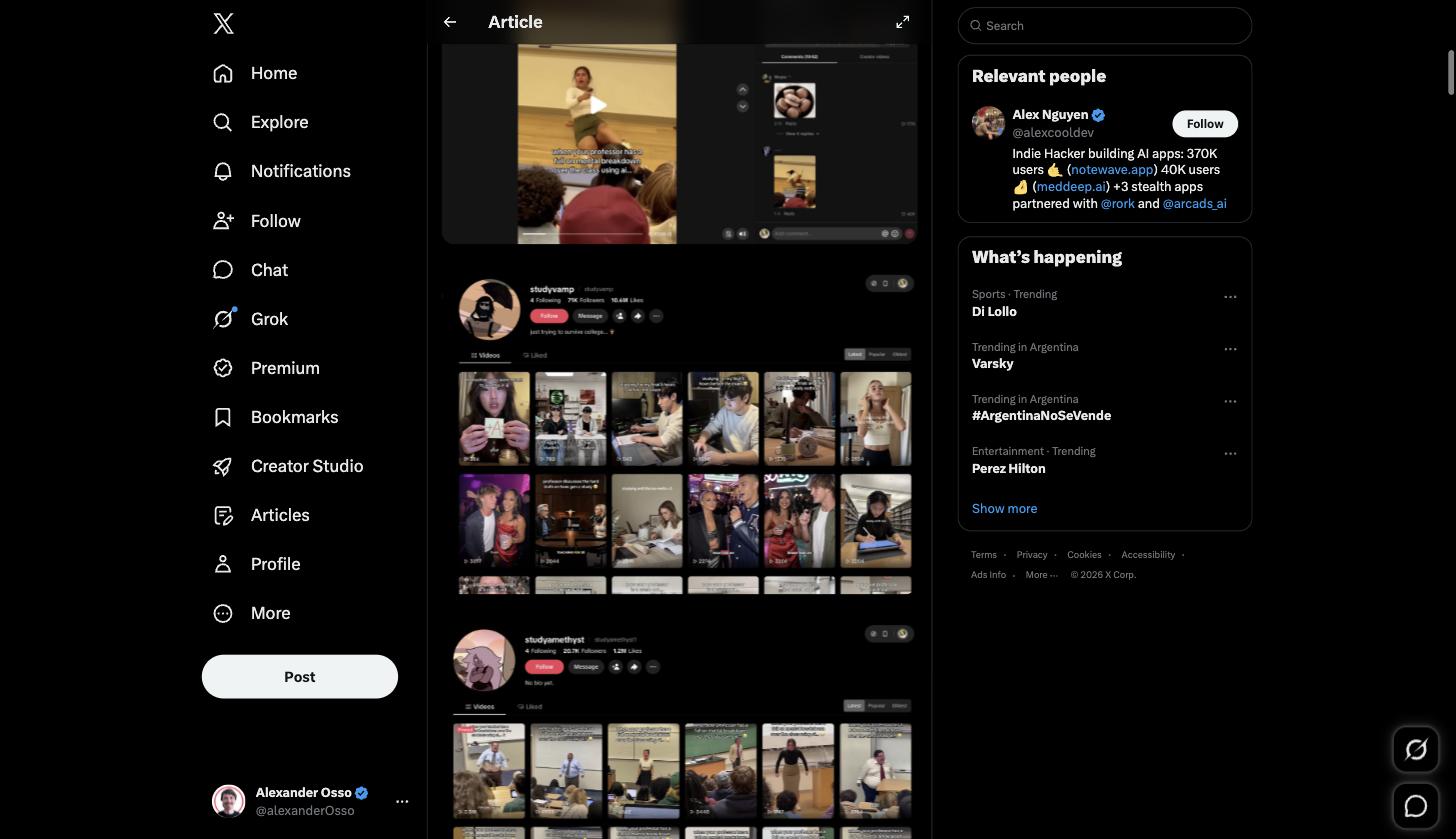 Grade de perfis do TikTok das contas studyvamp e studyamethyst, dezenas de vídeos quase idênticos gerados por IA numa sala de aula, promovendo o mesmo app de estudos