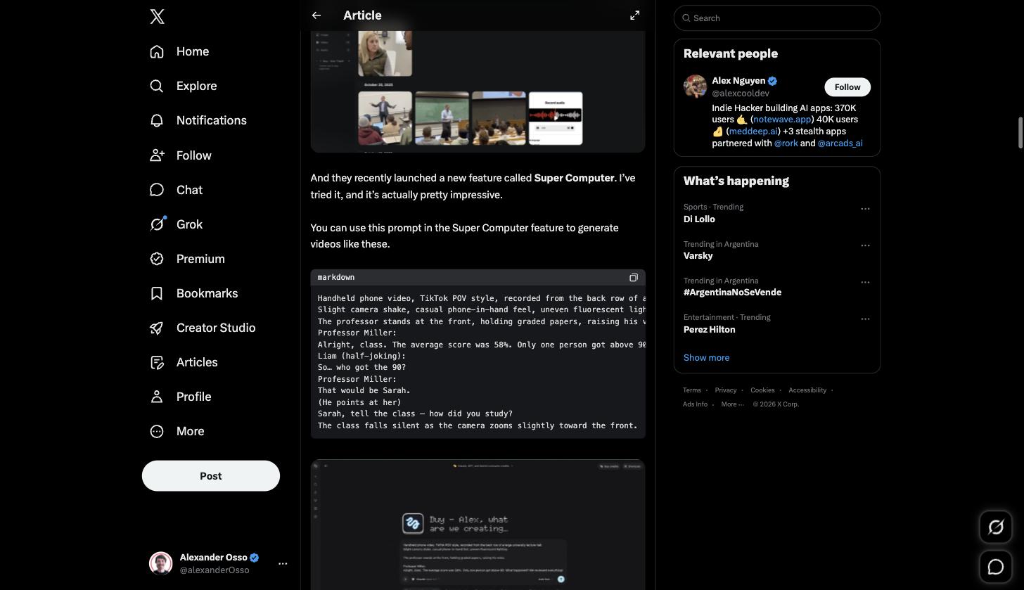 Interface do Super Computer da Higgsfield carregada com um prompt em markdown detalhando uma cena de sala de aula estilo TikTok gravada à mão