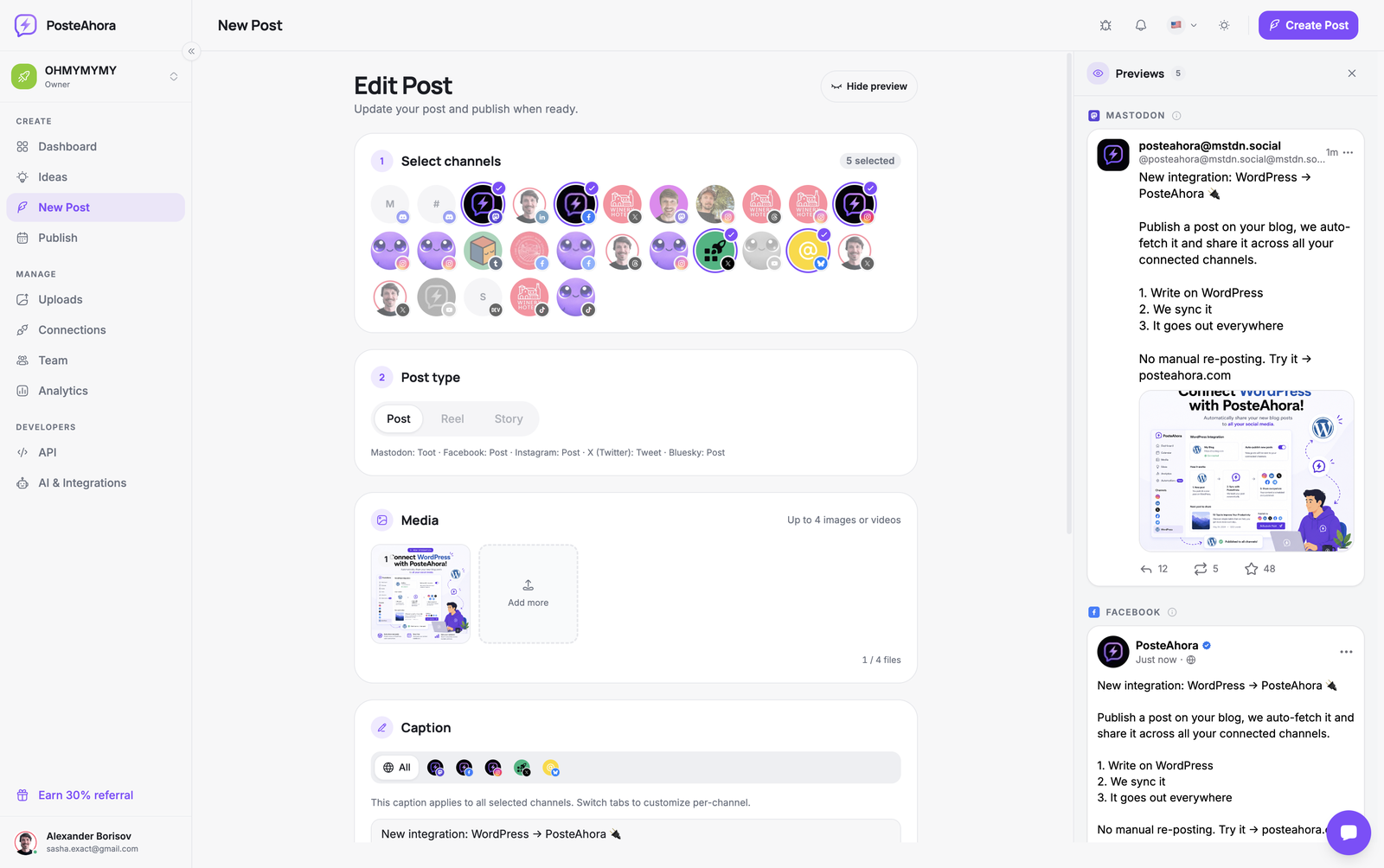 A single post targeted at Instagram, TikTok, LinkedIn, X and Threads at once from PosteAhora