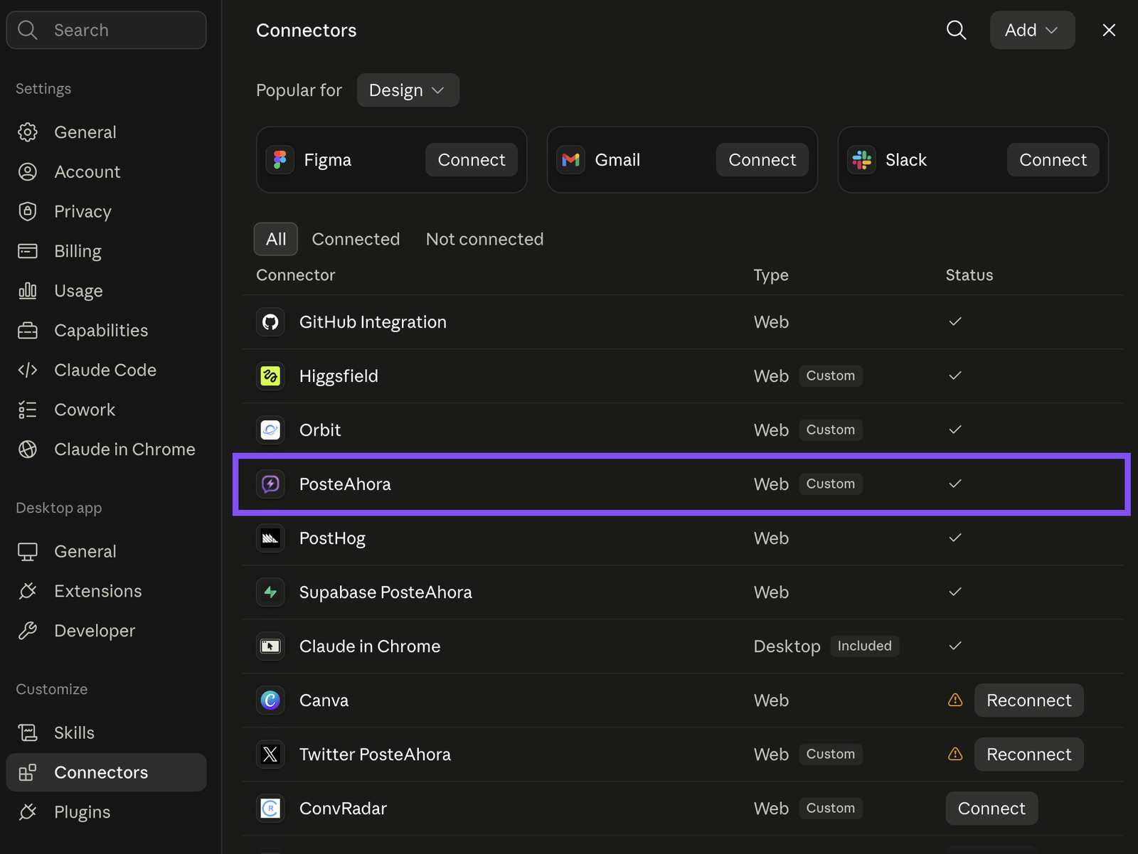 Accounts connected to PosteAhora, available to an AI agent over MCP