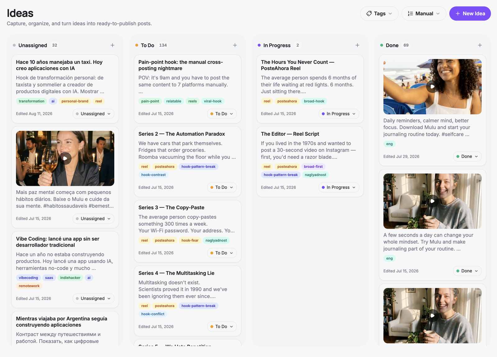 PosteAhora kanban idea board with columns for generated, in-review and approved content