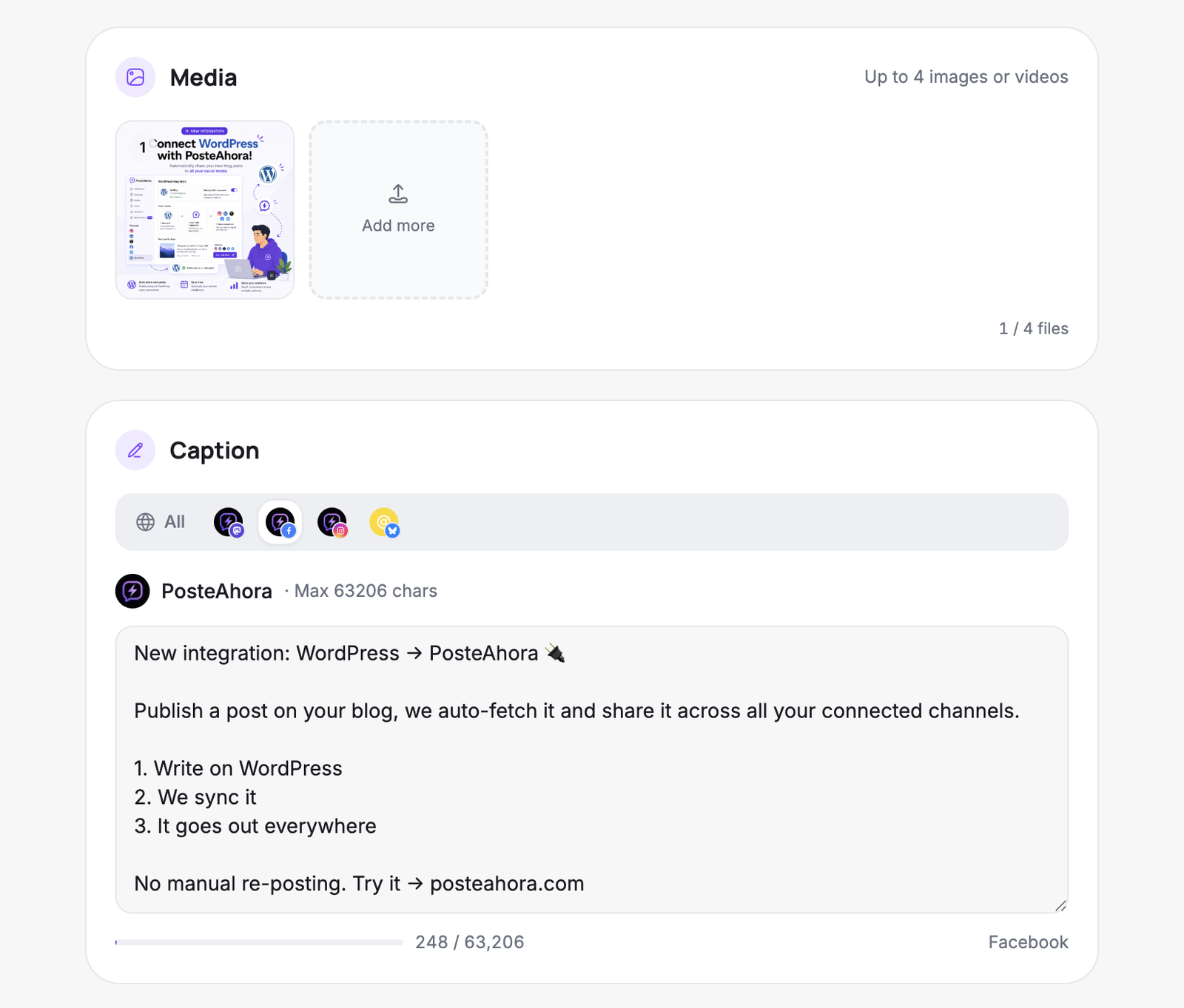 PosteAhora editor with per-platform caption tabs: the Facebook tab is selected, showing text written just for that channel